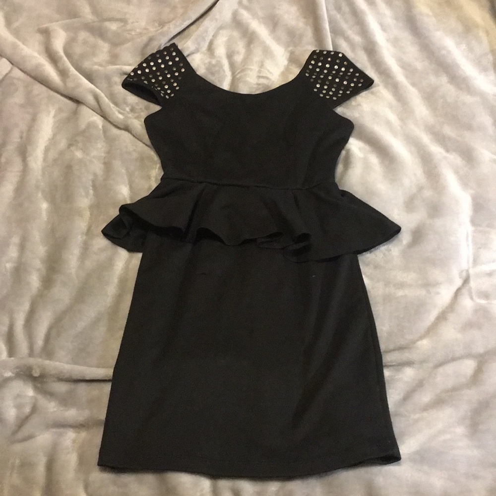Black peplum mini dress with metallic details